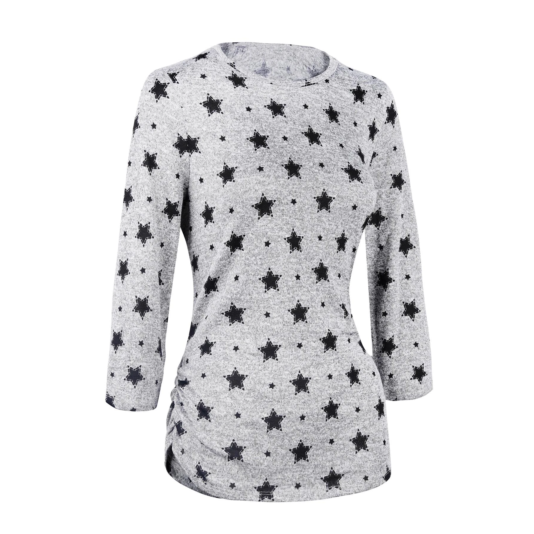 Wholesale Women Plus Size Casual Top 3/4 Sleeve T Shirt Star Printing Top O Neck Star Printed Casual Blouse