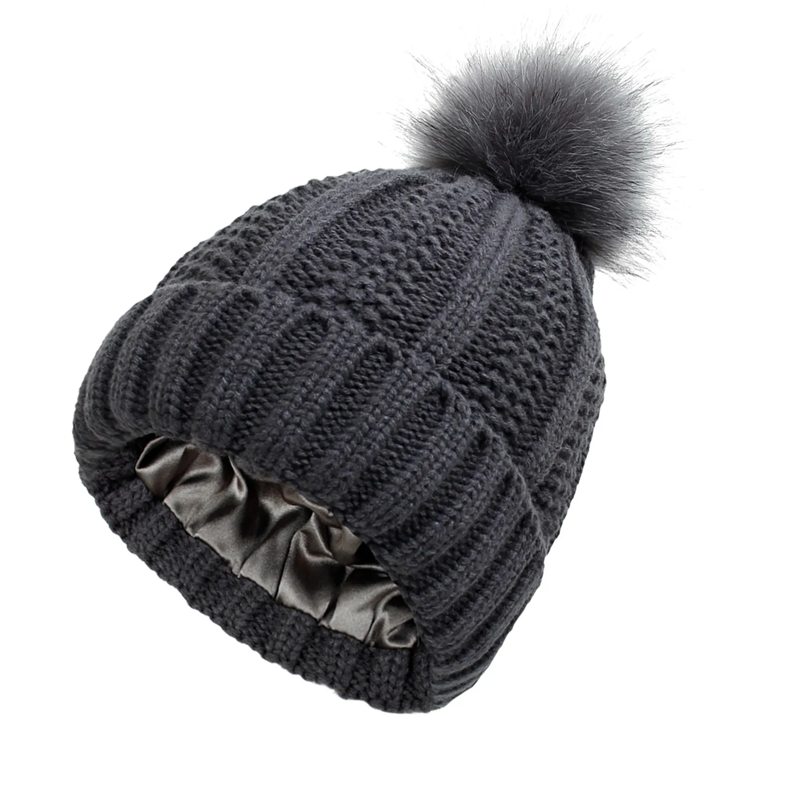 wholesale custom fashion mens womens pom pom cotton knit satin lined beanie winter hat
