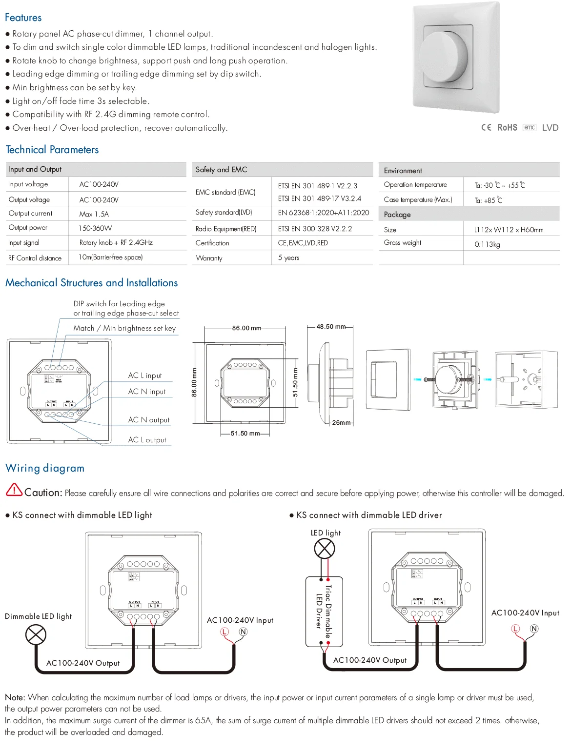 KS Rotary Panel Triac Dimmer