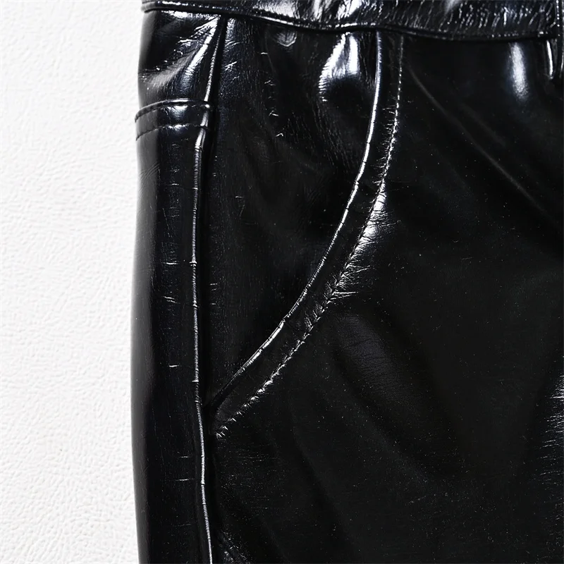 Pu Faux Leather Button Cargo Pants Bullet Zipper Custom  Color  Y2K Streetwear Leather Pants For Men