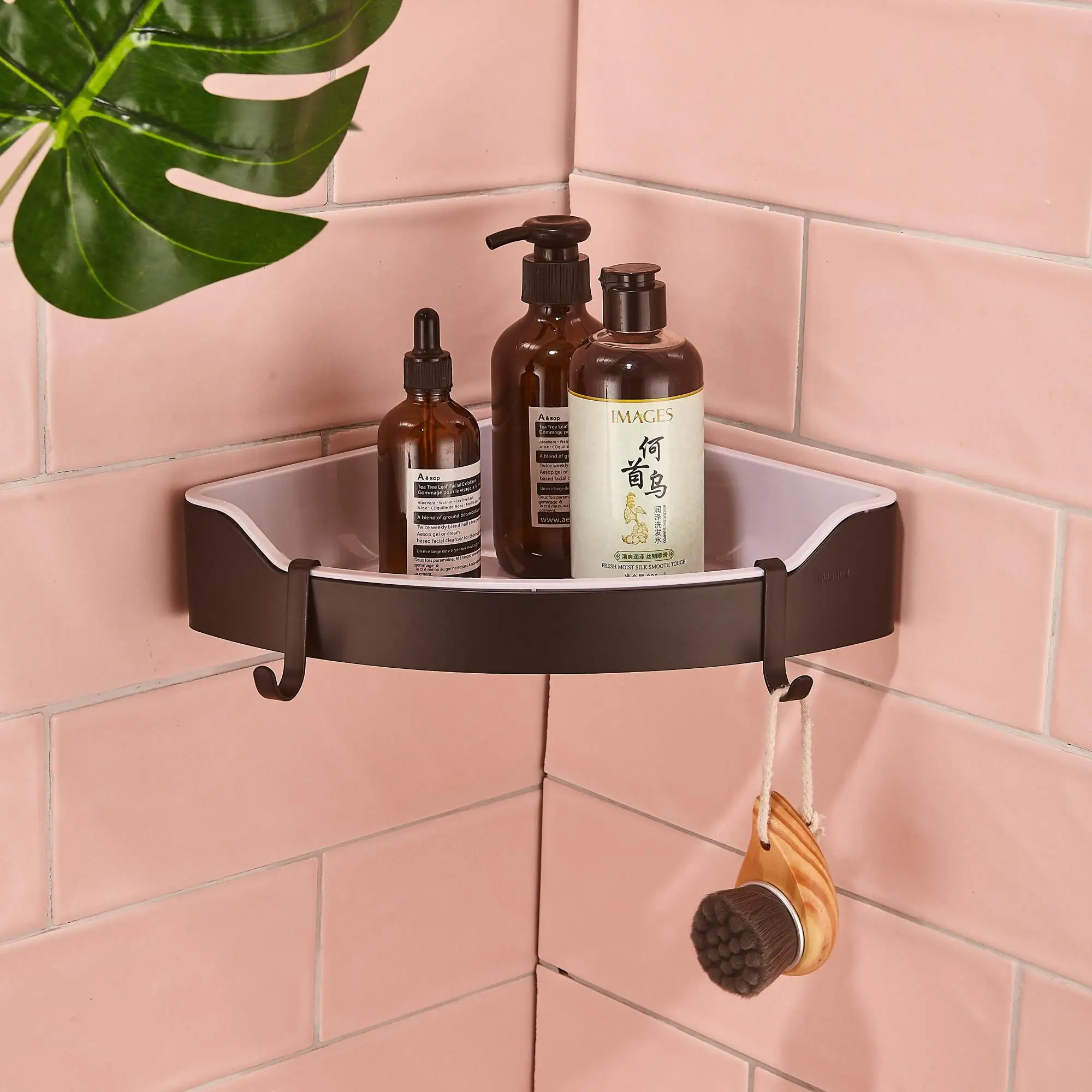 Black Stainless steel Bathroom corner tier caddy  basket shelf with hooks shower organizer storage