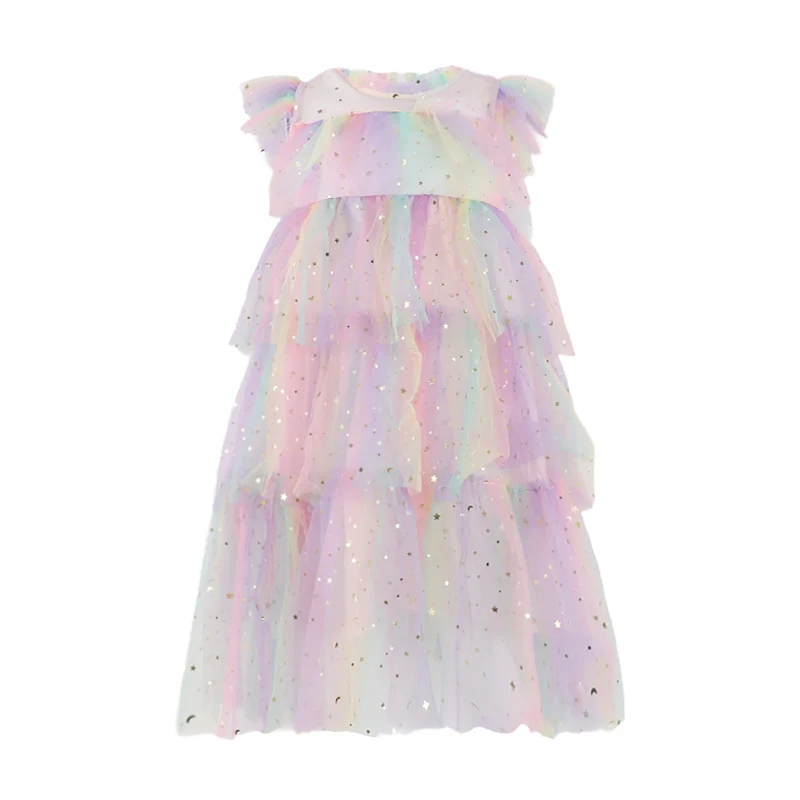 Custom Fly Sleeve Star Print Rainbow Layered Tulle dress for girls