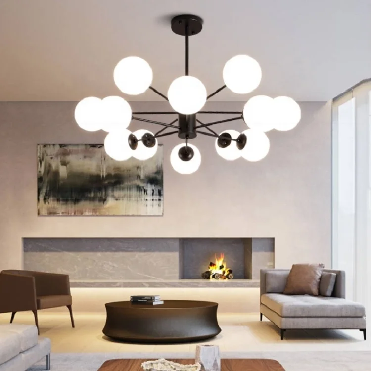 High Quality Black Iron Magic Bean Pendant Lamps White Bubble Glass Ball Bubble Chandelier for Wholesale