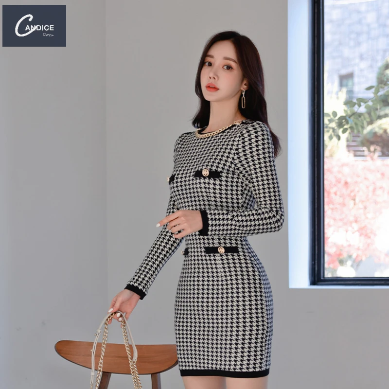 Candice fashion temperament chain korean style long sleeve mini houndstooth bodycon dress