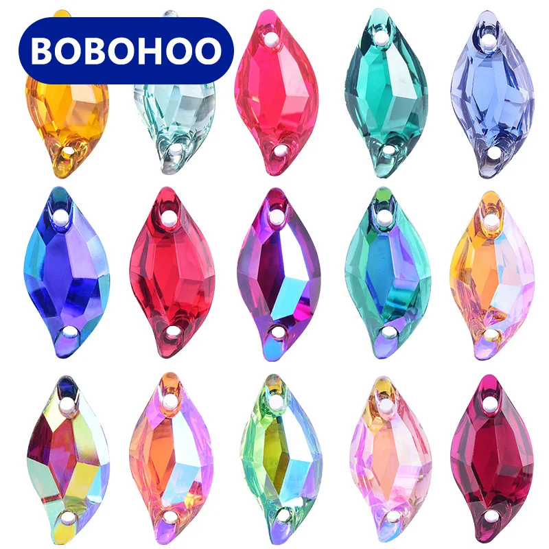 BOBOHOO Rhinestones Wholesale 9*20mm Leaf Shape High Quality Fancy Resin Sew On Rhinestones For Wedding dresses