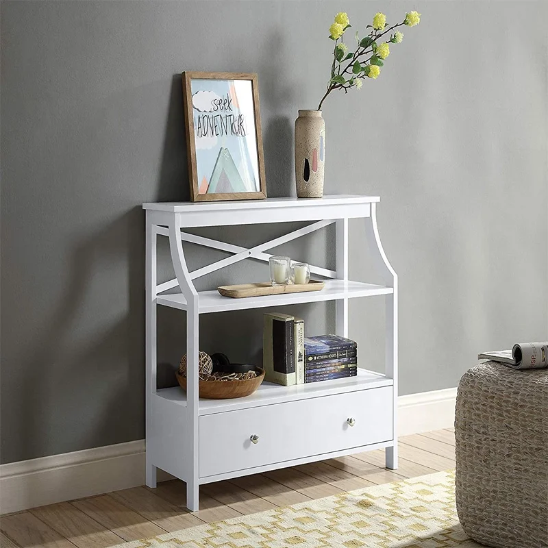 American 3 tier x design occasional console sofa table essemble entryway bookshelf magazine rack with large drawers for hallway
