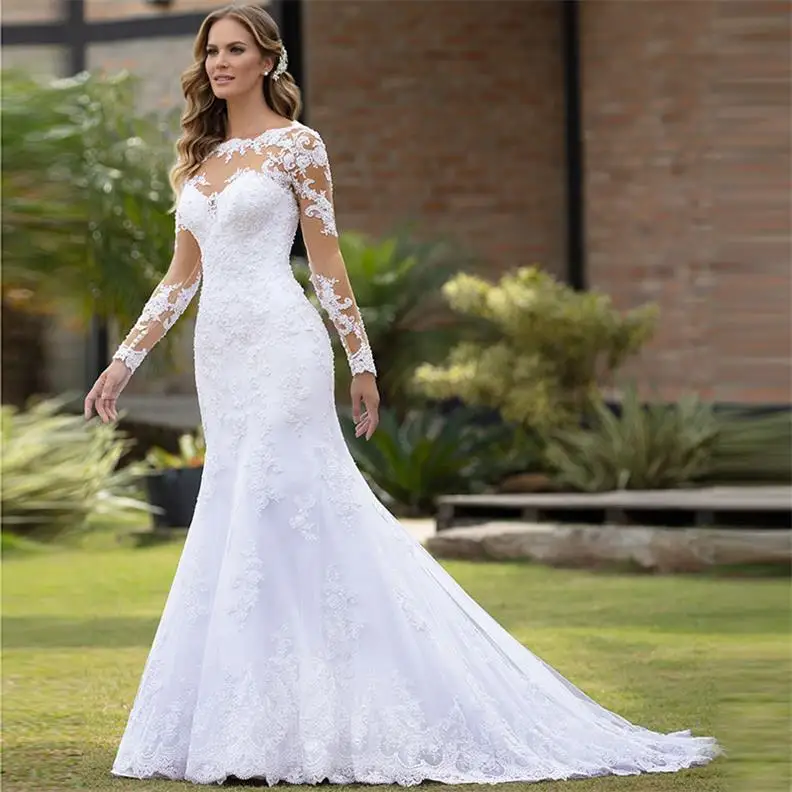 Customized wedding dress fishtail new style European style slim sexy long sleeves leaky back wedding banquet