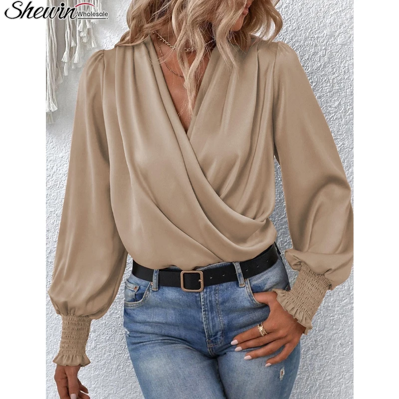 Оптовая продажа модная дизайнерская трикотажная шифоновая повседневная женская блузка с цветочным принтом и рюшами элегантная длинным рукавом