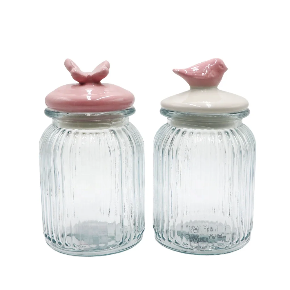 Storage Jar Lid Food Custom Storage Bottles & Jars Minimalist Cover Glass Set Hot Selling Round Shape Clear Glass with Ceramic