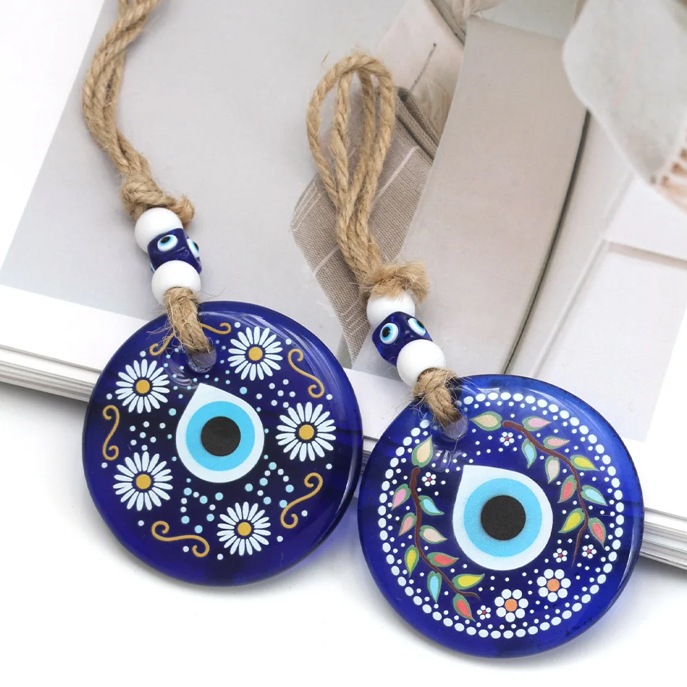 Glass Blue Evil Eye Wall Hanging Floral Design Home Protection Charm Evil Eye Wall Decor Turkish Lucky Charm Nazar Amulet