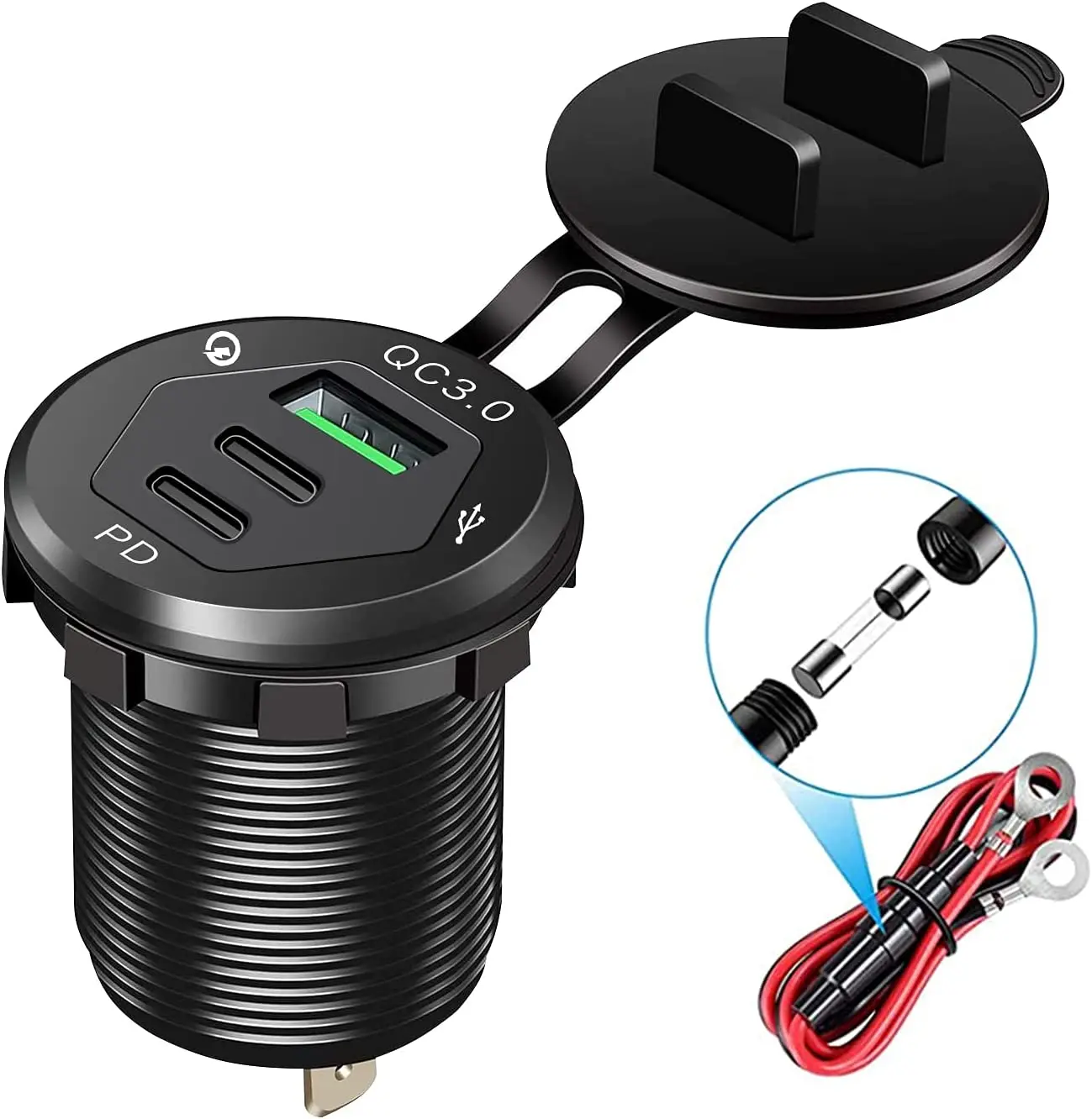 USB C Car Charger Socket 12V USB Outlet with 18W Dual PD Ports & 18W QC 3.0 Quick Charge Fast USB Type C Car Adapter for Car