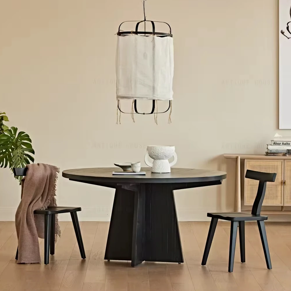 French Antique Minimalist Furniture Reclaimed Pine Wooden Dining Table Round Black Dining Table