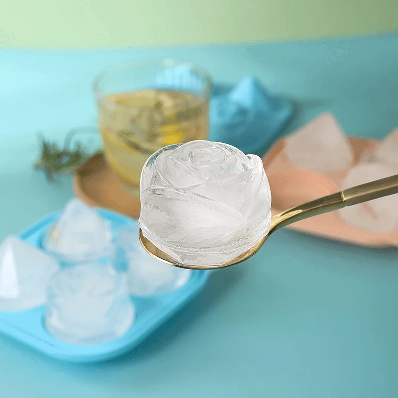 TAYHAO Rose Silicone Ice Tray  Diamond Flower Ice Cube Maker  Anti-leakage 4 Grids Reusable Ice Cube Maker 4 Cavity Large