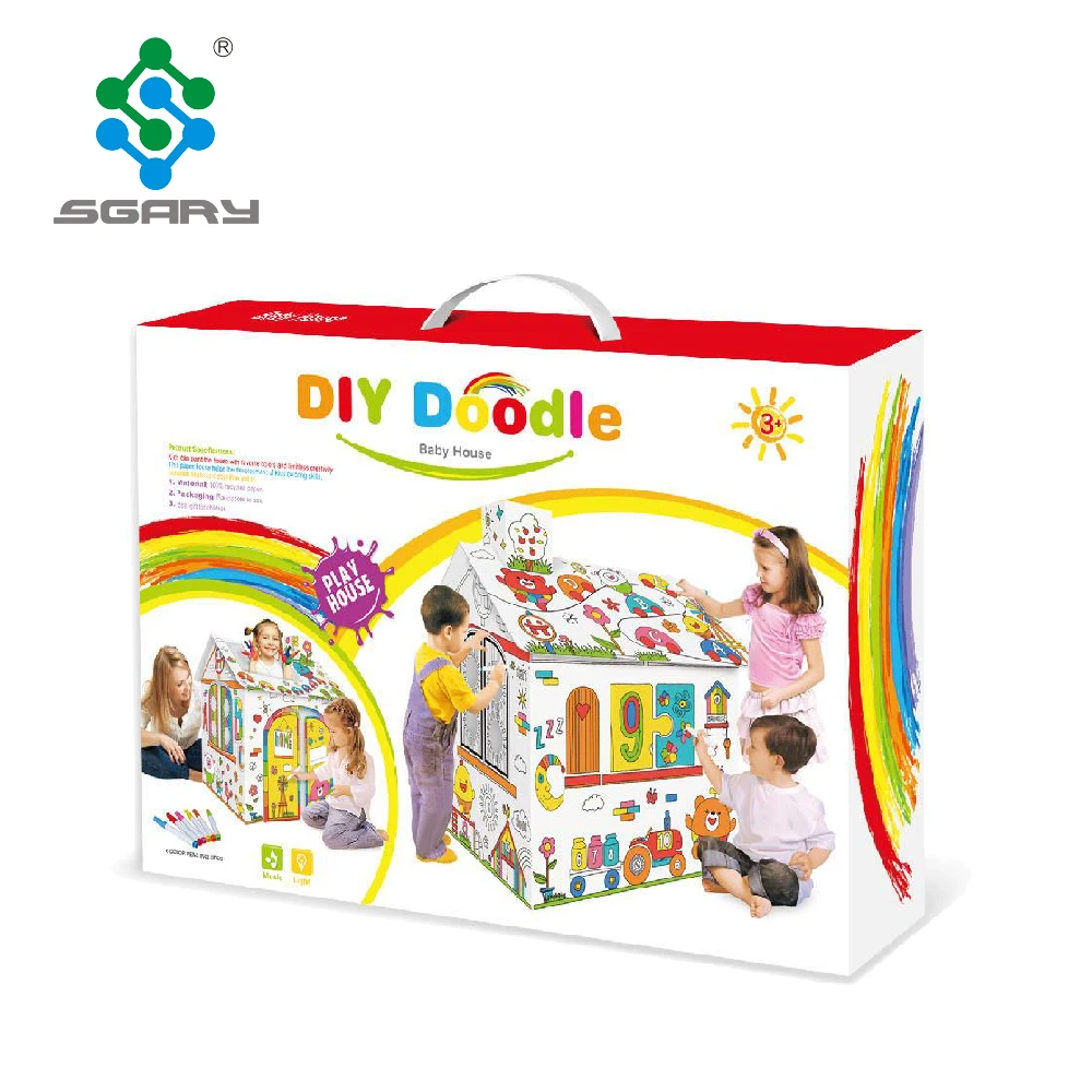 custom colorful doodle painting corrugated paper indoor house cardboard play house with markers
