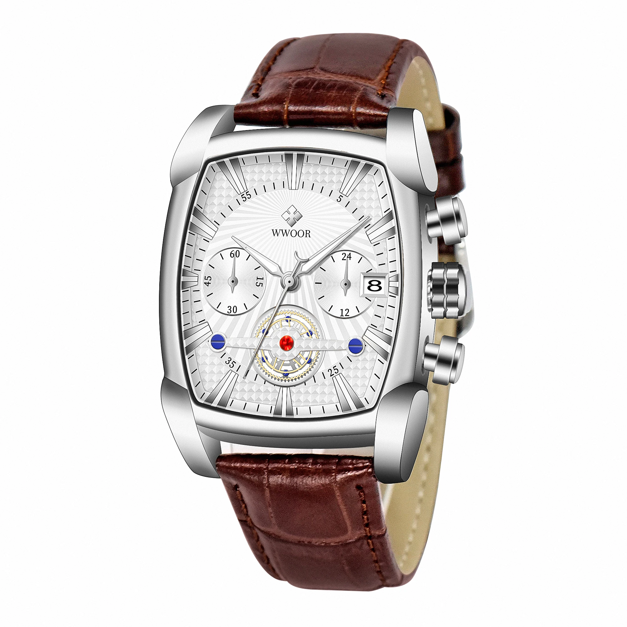 Brand WWOOR 8843 Watches Mens Wrist Luminous Hands Luxury Quartz Watches Fashion Square Leather Band Clock Waterproof Sports