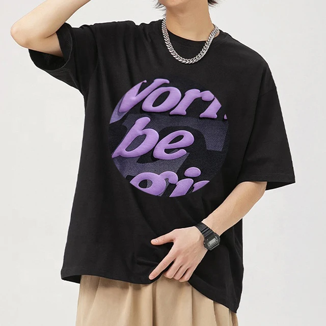 Heavyweight 250 Gsm Heavy Cotton 100% Tee T Shirt for Men Logo Custom Streetwear 3D Foam Puff Print Graphic Black T