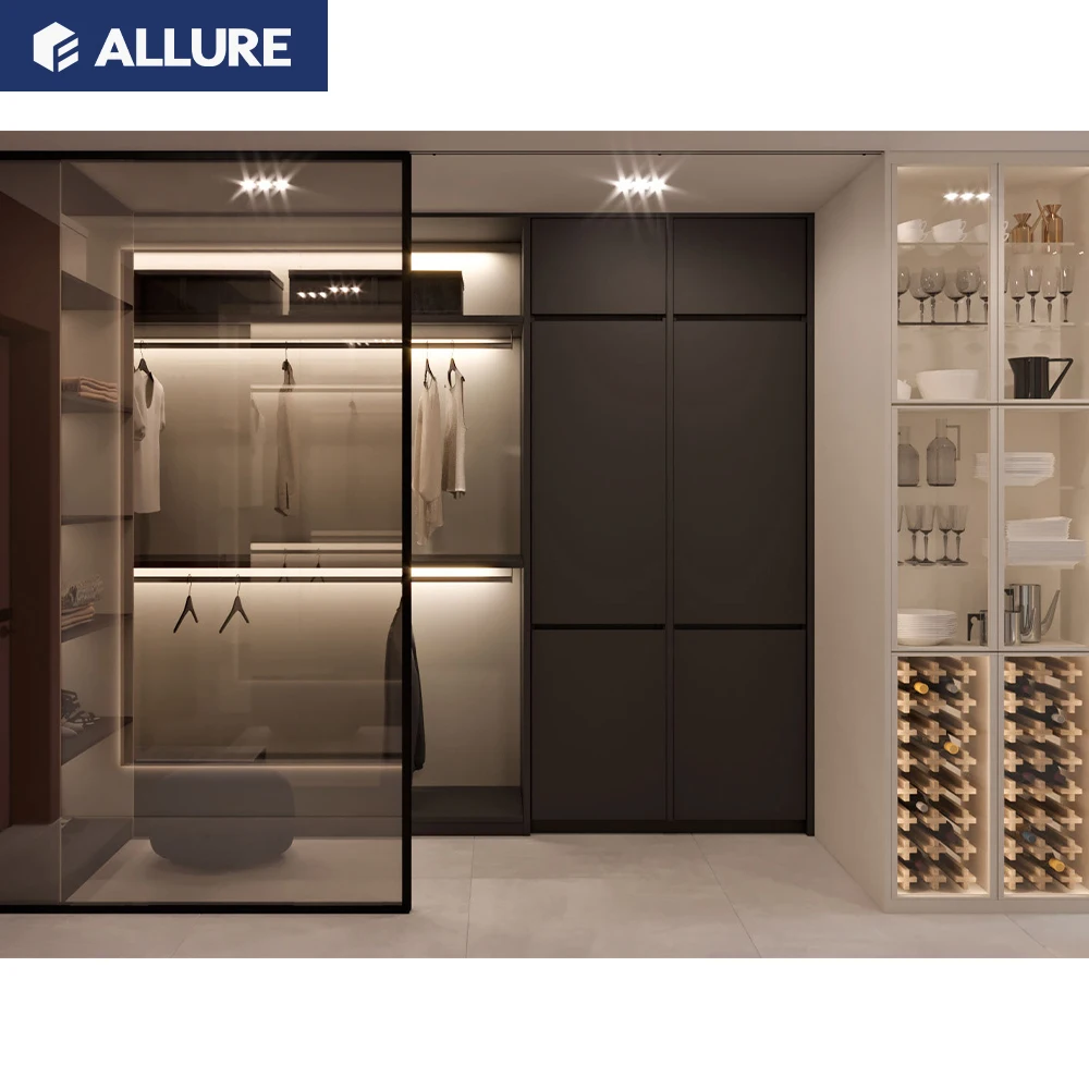 Allure smart black gloss sliding melamine particle uv printed board wardrobe doors sheets design pictures