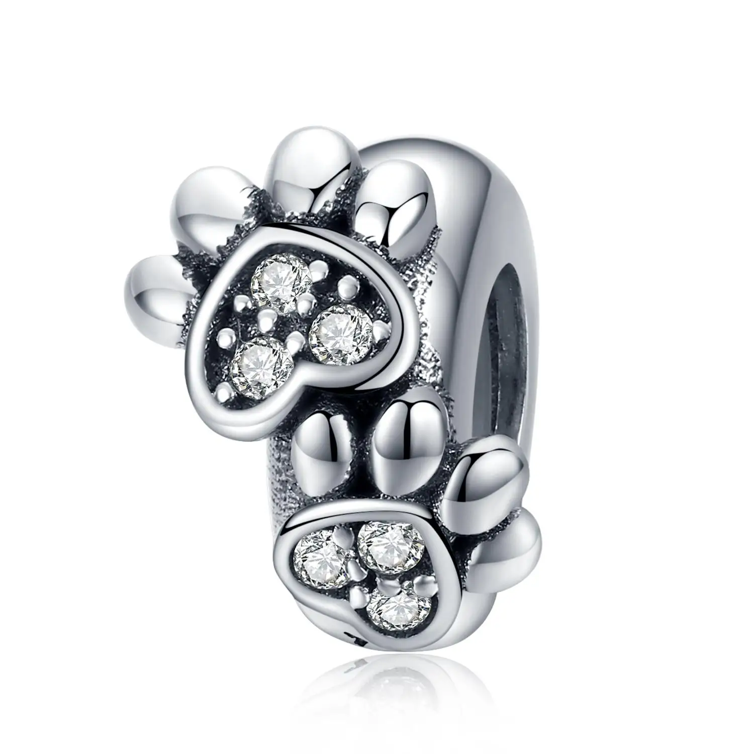 New Arrived White Cubic Zircon Pet Footprint Shape Beads Charm for Women 925 Sterling Silver Bracelet DIY Jewelry Gift Glitter