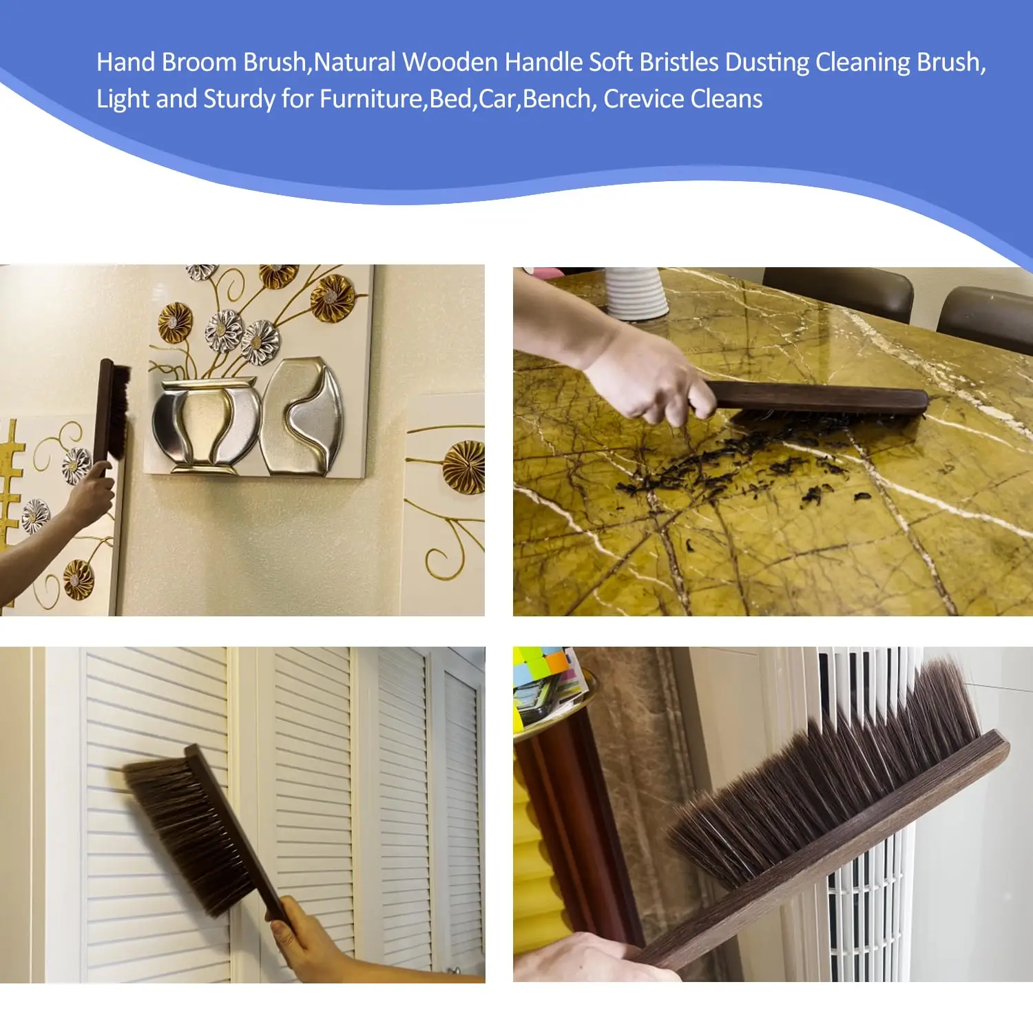 Natural Wooden Handle Hand Broom Brush with Soft Bristles Light Sturdy Furniture Bed Bench Crevice Cleans Dustpan Home Mop Usage