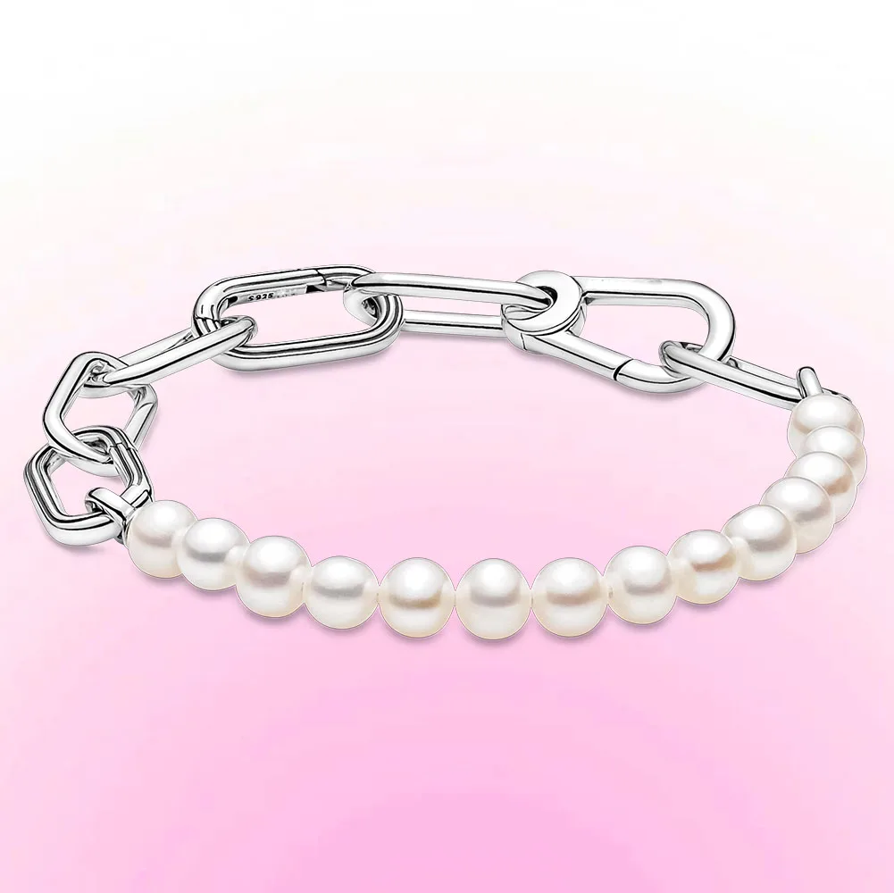 925 Silver ME Metal Bead Link Treated Freshwater Cultured Pearl Love Word Small-Link Chain Bracelet Fit Pan ME Mini Charm DIY