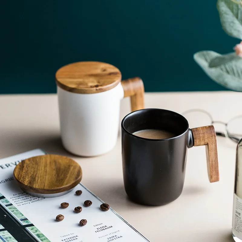 
customized bamboo wooden handle mug coffee wood handle ceramic mug wooden handle with lid 