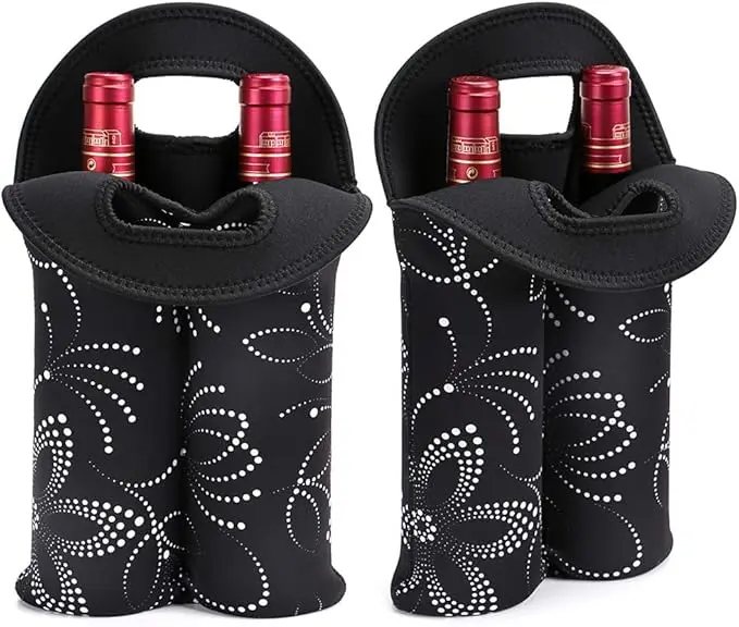 Wine Tote Protector Bag Two Bottles Insulated Neoprene Wine/Water Bottle Holder for Travel and Parties with Secure Carry Handle