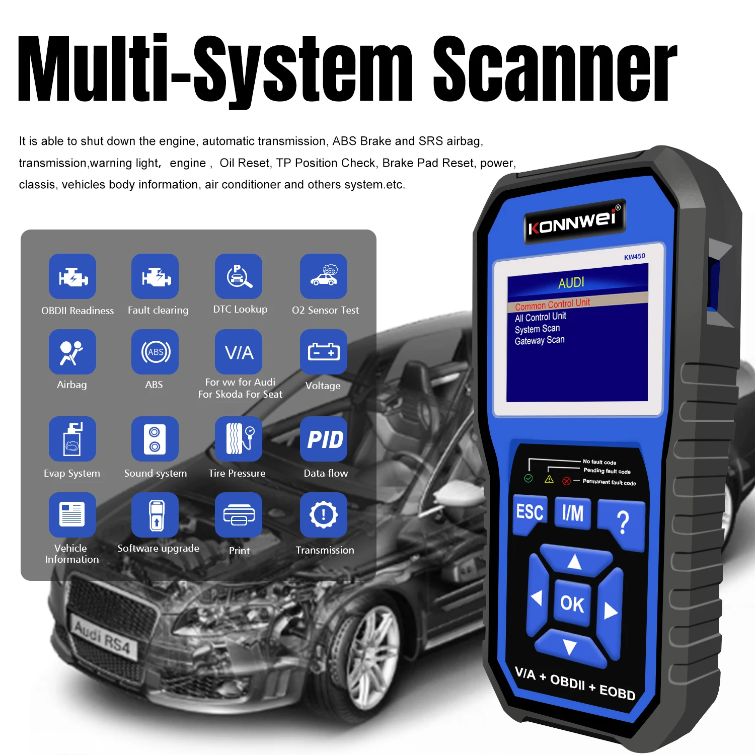 Vehicle diagnostic machine Konnwei KW450 ABS SRS system scanner with diesel engines injector coding for Audi cars