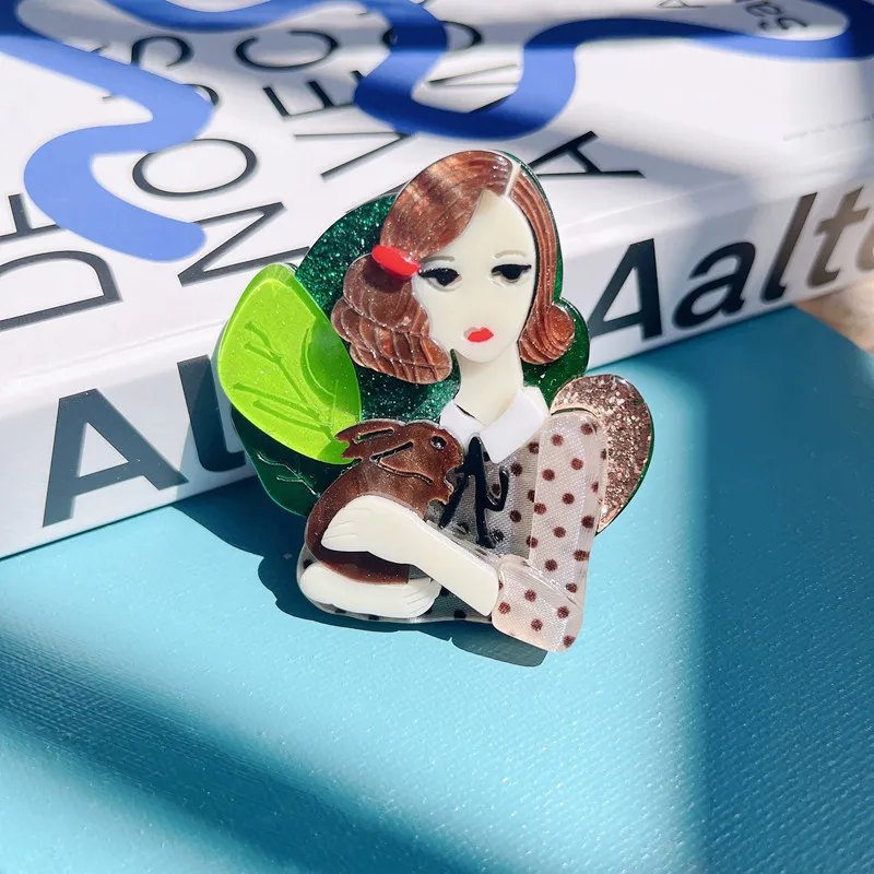 Japan Korea Cartoon Girl Holding Rabbit Brooch Pin Spring Summer Acrylic Patchwork Brooch Jewelry Bag Accessory Wholesale
