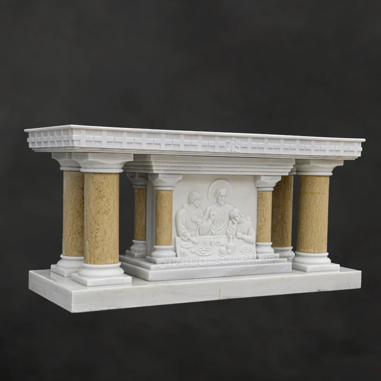 hand carved catholic religious white marble altar table &pulpit with jesus