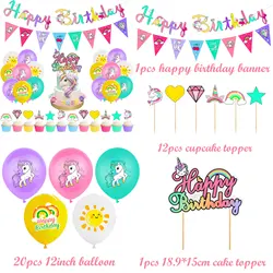 Hot Sale Unicorn Birthday Decoration For Girl Happy Birthday Banner Spiral Set Cartoon Mixed Color Balloons With Cake Topper