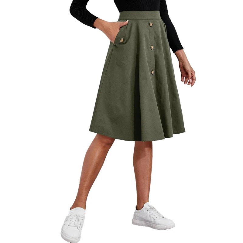 Wholesale custom OEM high quality Womens dress hot models pockets buttons waisted elegant umbrella skirt French Midi skirt