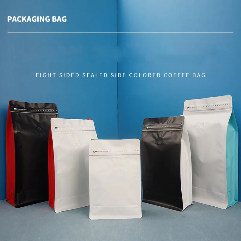 IMEE Universal Colorful Eight Side Seal Self-standing Coffee Bean Packing Bag One-way Exhaust Valve Aluminum Foil Coffee Bag