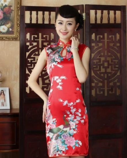 Traditional Chinese dresses Lady Satin cheongsam short sleeve dresses Qipao