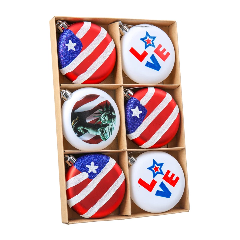 EAGLEGIFTS New Design American Flag Christmas Tree Hanging Decoration Plastic Ball Xmas flat Bauble Ornaments