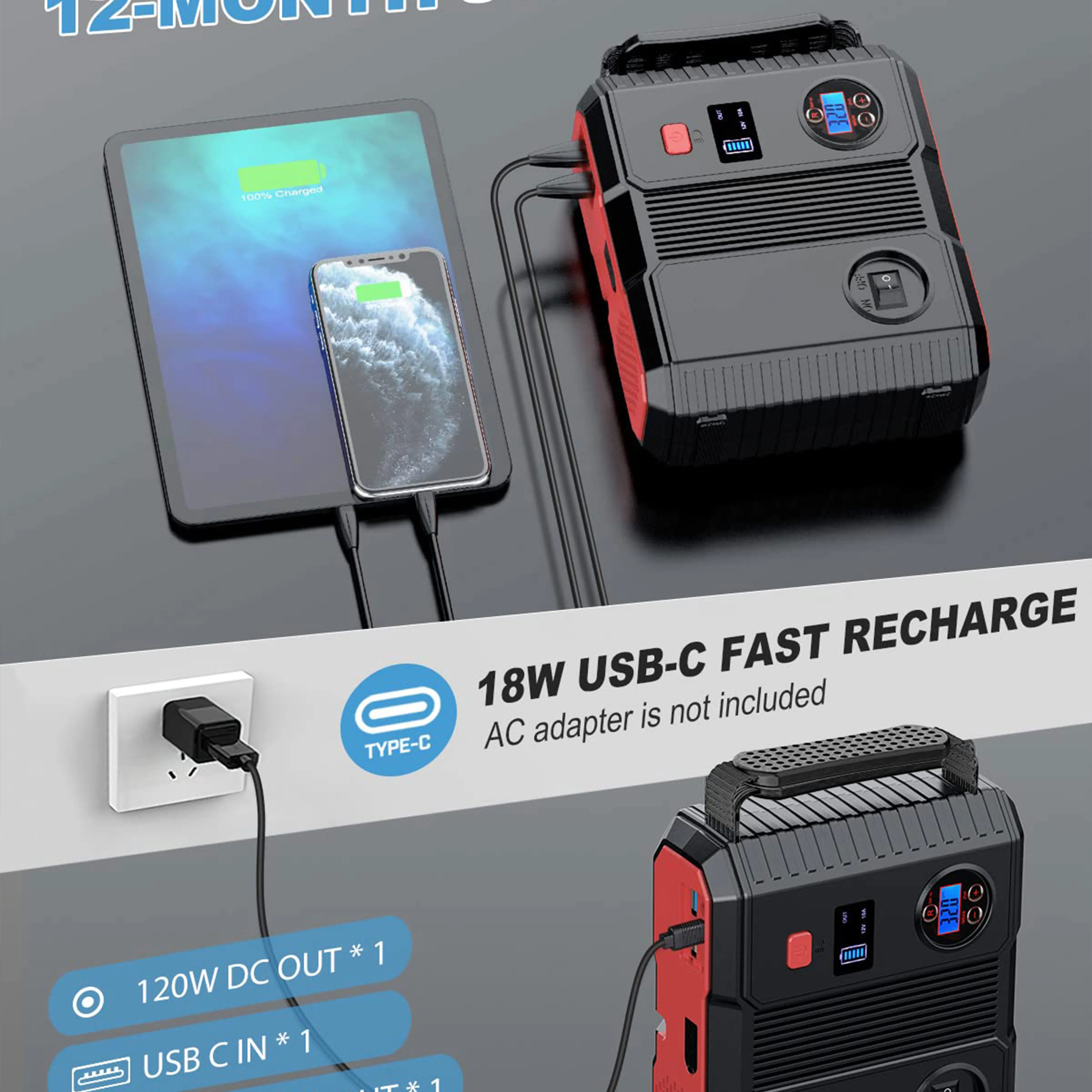 Car Jump Starter With Air Compressor 2000A Peak 23800 Mah 12V Flashlight Portable Car Jump Start With Air Compressor