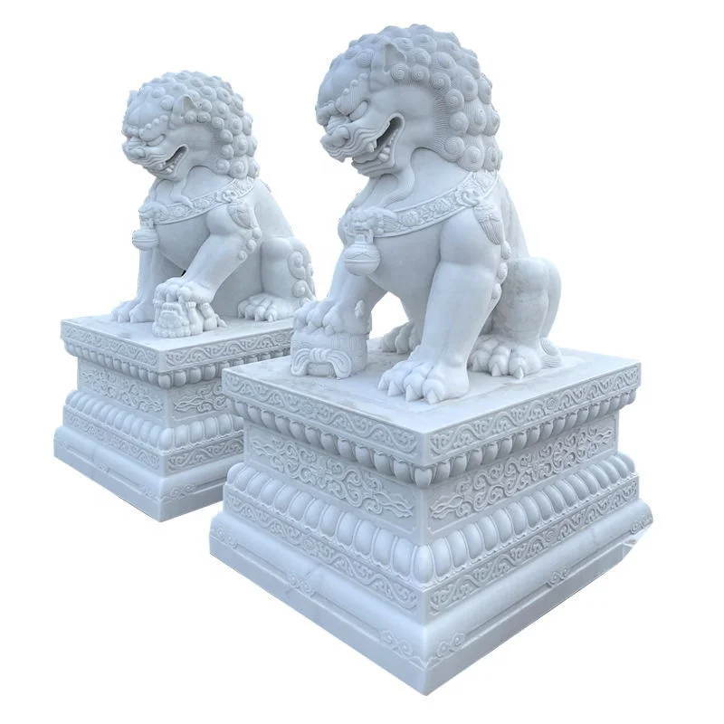 Chinese Traditional White Stone Marble Fu Foo Dog Sculpture Statue Garden Decor