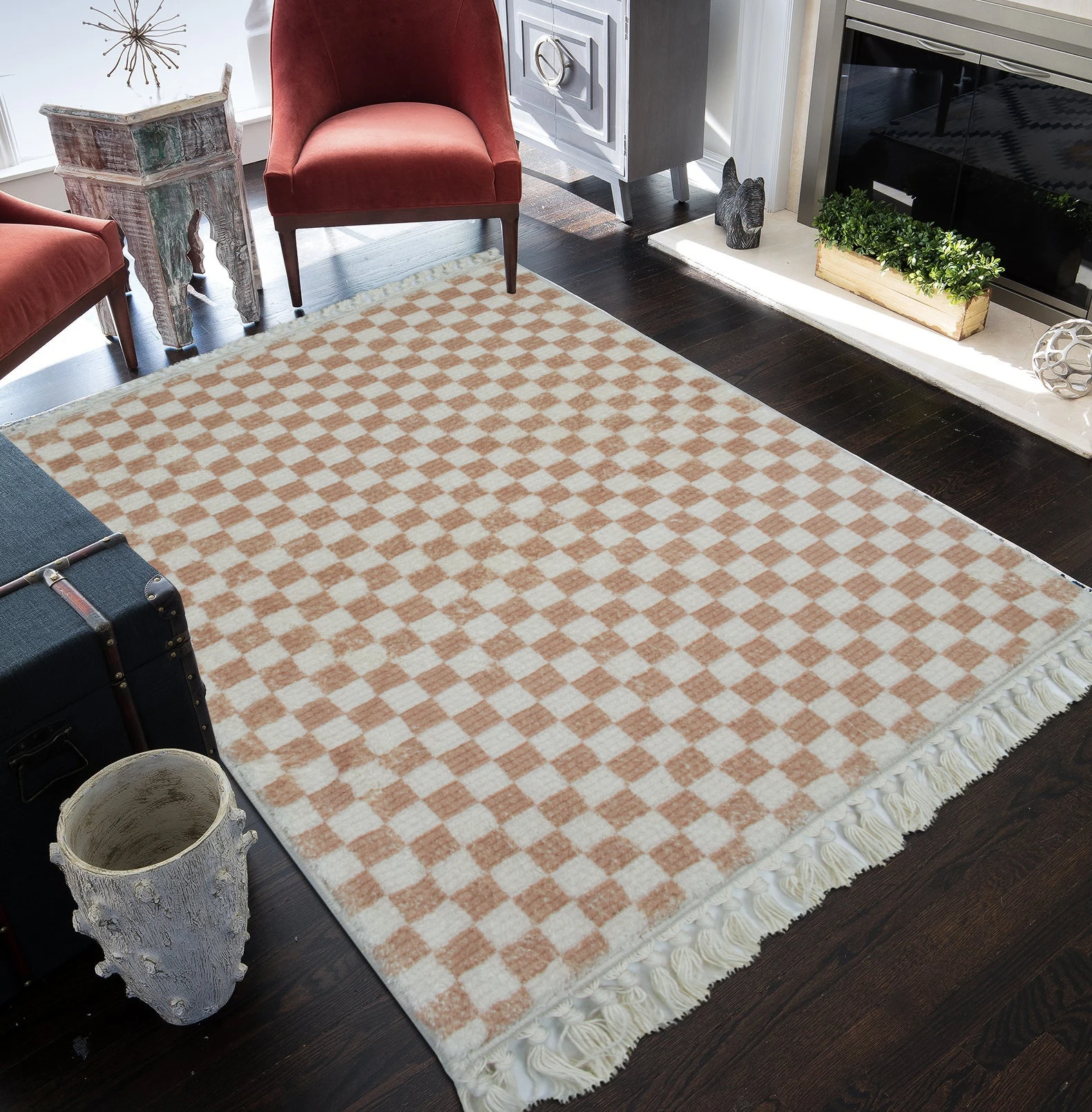 Buffalo Plaid Rug Beige and Cream Checkered Area Rugs Farmhouse Hand-Woven Runner Buffalo Rugs for Bedroom Living Room