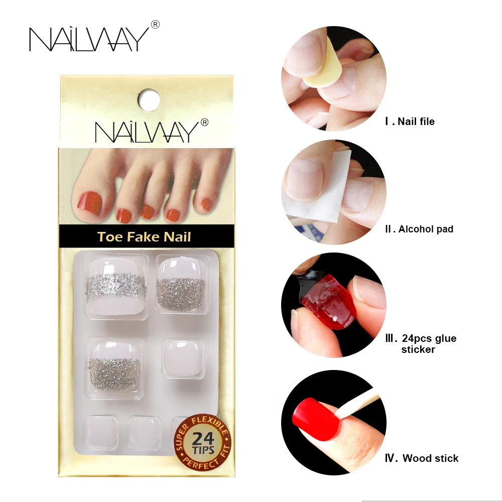 Factory White Short Square Artificial Nails For Toe Silver Glitter Nails Press On Toe Nails