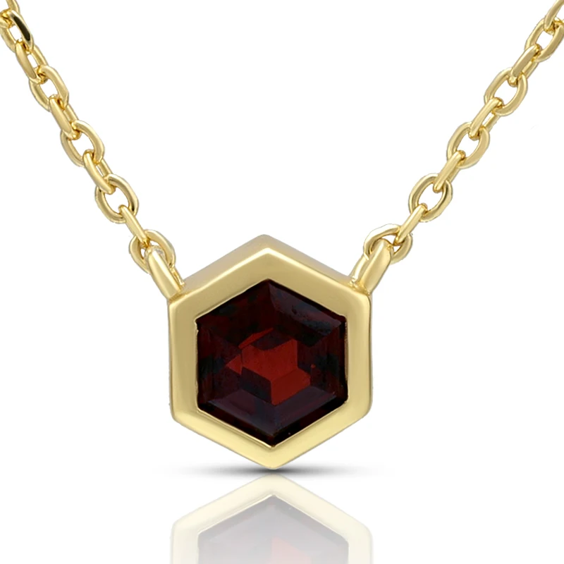 925 Sterling Silver 14K Gold Plated Gemstone Birthstone Month Birthday Stones Geometric Hexagon Garnet Necklace