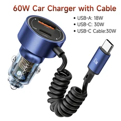 Toocki new PD 60W car charger fast charging Spring Fast Charging Cable multifunction usb c car charger with cable