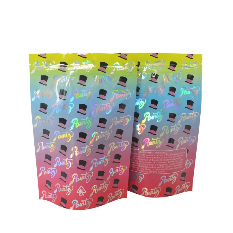 
100 PCS Laser Holographic Runtz Color Bag Stand Up Pouches Customized Printing CBD Candy Gummy Smell Proof Zipper 3.5g 28g Bags 
