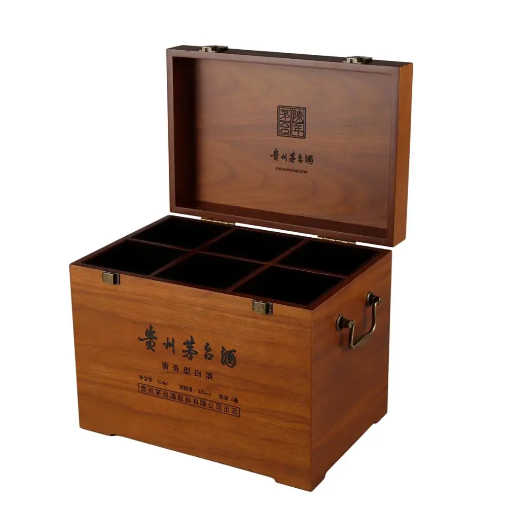 High Quality Luxury Big Custom Logo 6 Bottles Packaging Wooden Wine Box With Metal Handle