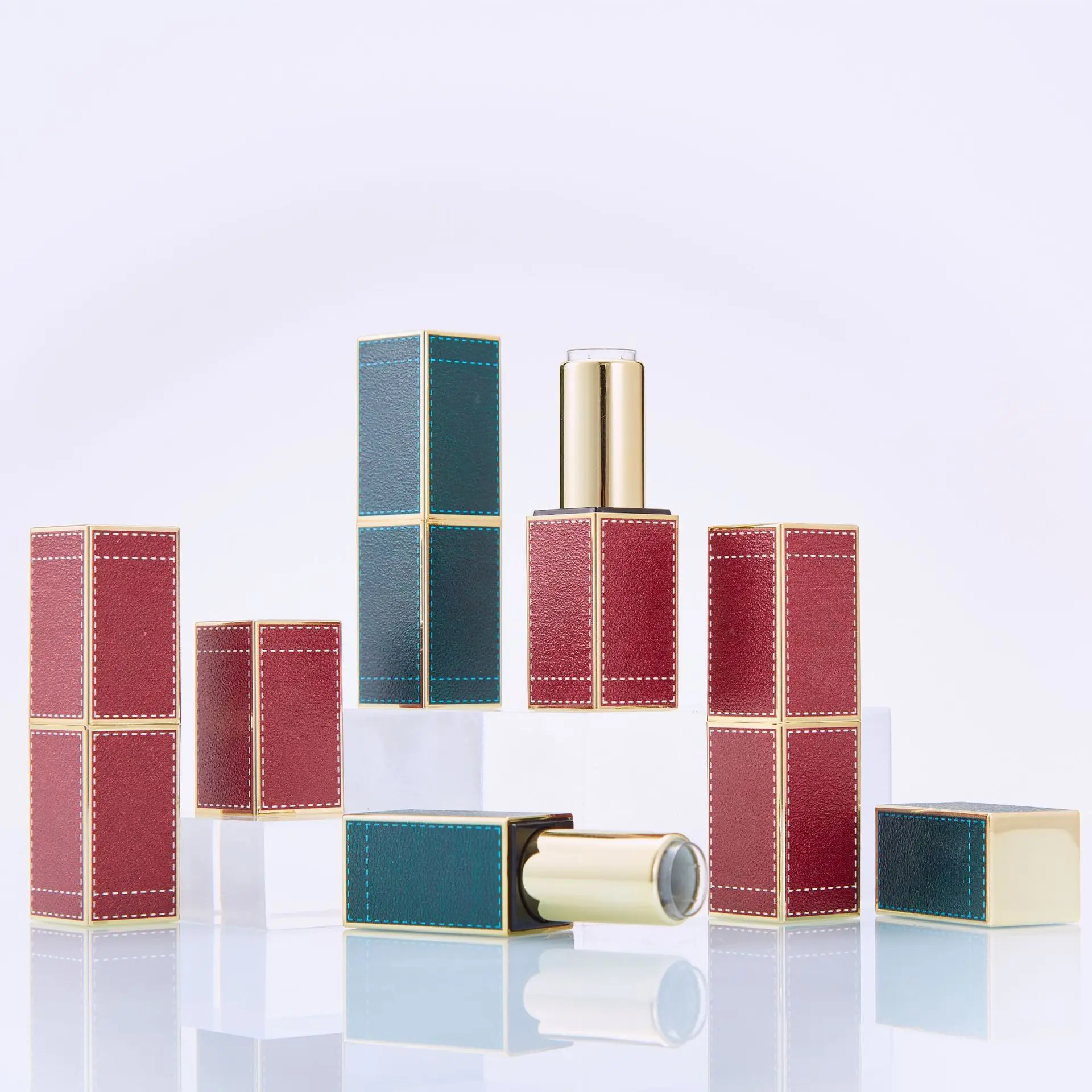 Customization Handmade DIY Material Orange, Red, Green Leather Texture 3D Printed Magnetic Button Lipstick Tube