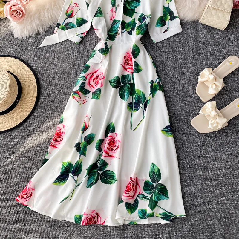 2022  Bohemian Stand Collar Lace-Up Dresses Women Casual Long Sleeves Woman Dress