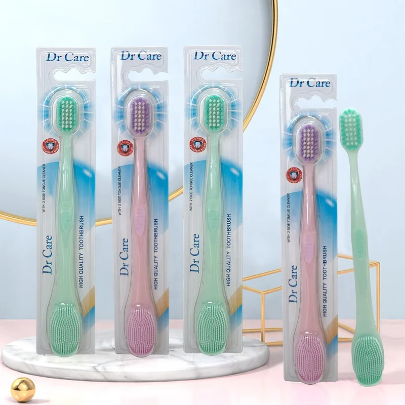 DEXING New Design 2 in 1 Plastic Toothbrush Manual Soft with Tongue Cleaner BPA Free Customized LOGO TPR Tongue Scraper