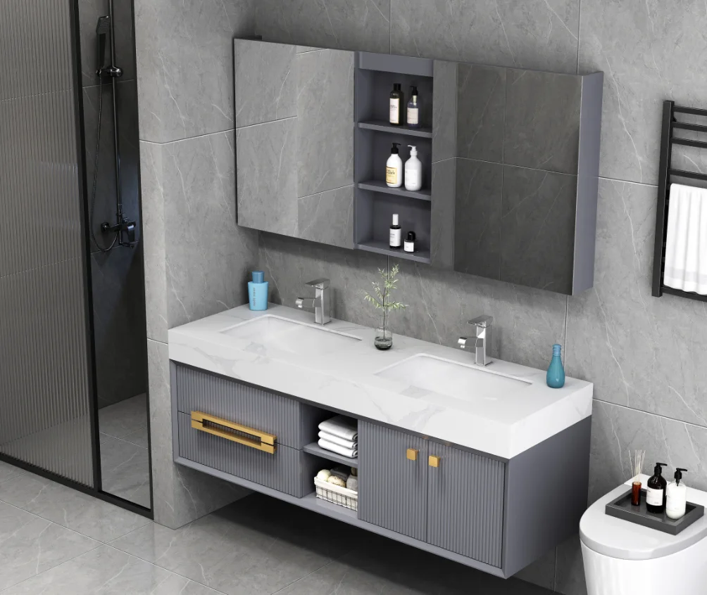 KD-BC306W-60 High Grade Hotel Wall Hung Sink Bathroom Vanity Cabinet Set with Counter Top Small Size LED Mirror Storage Cabinet