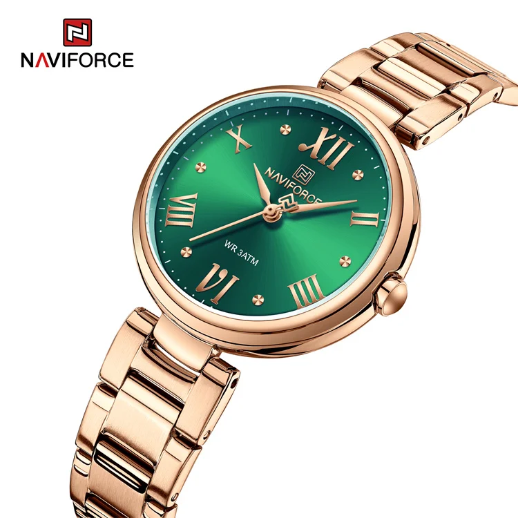NAVIFORCE 5030 RGGN Green Big Dial women watches with Rose Gold Stainless Steel Strap Fashion Simple quartz watch for Lady