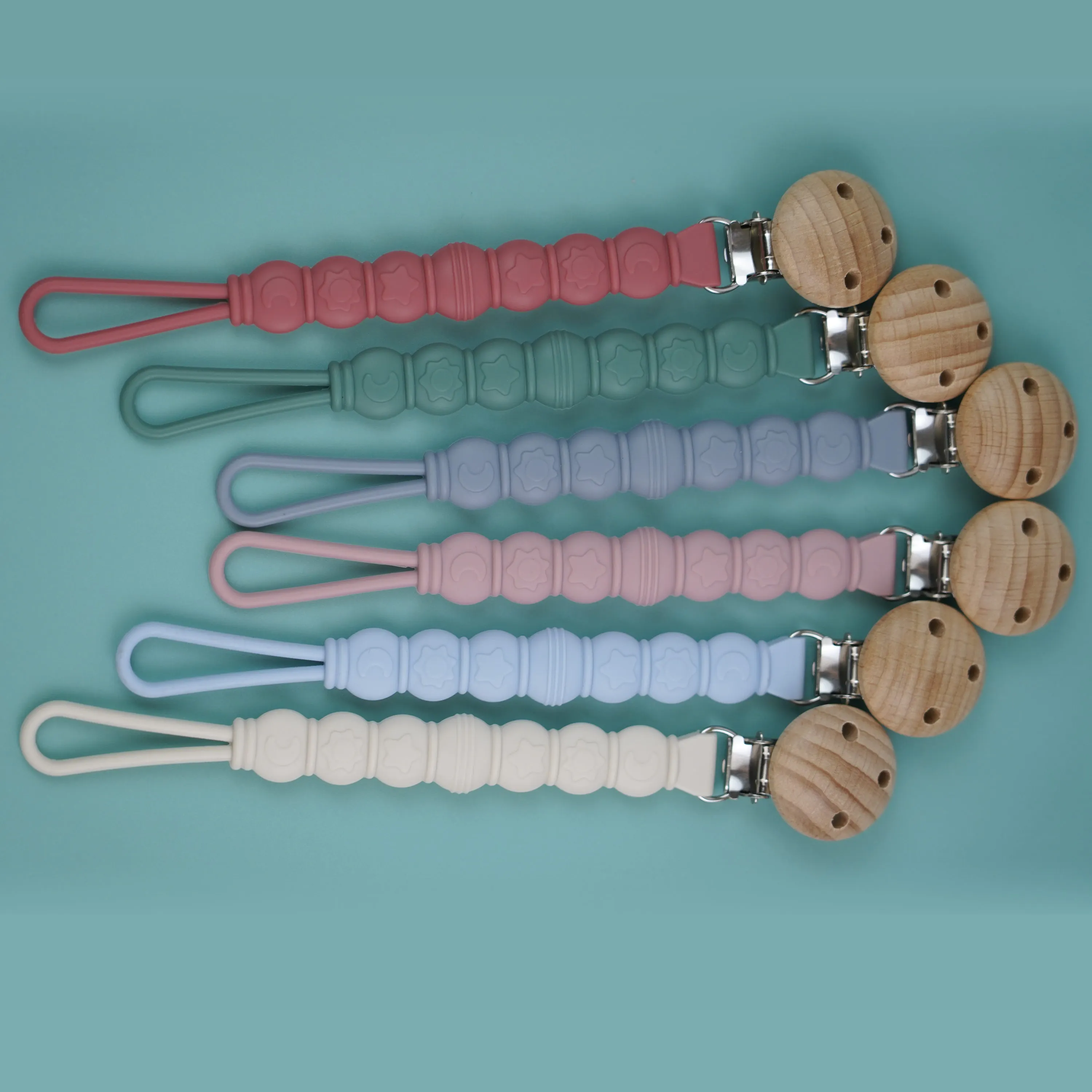Wholesale Muti Color Bpa Free Pacifier Clip Chain Silicone Teething Baby Pacifier Wooden Clips For Kids