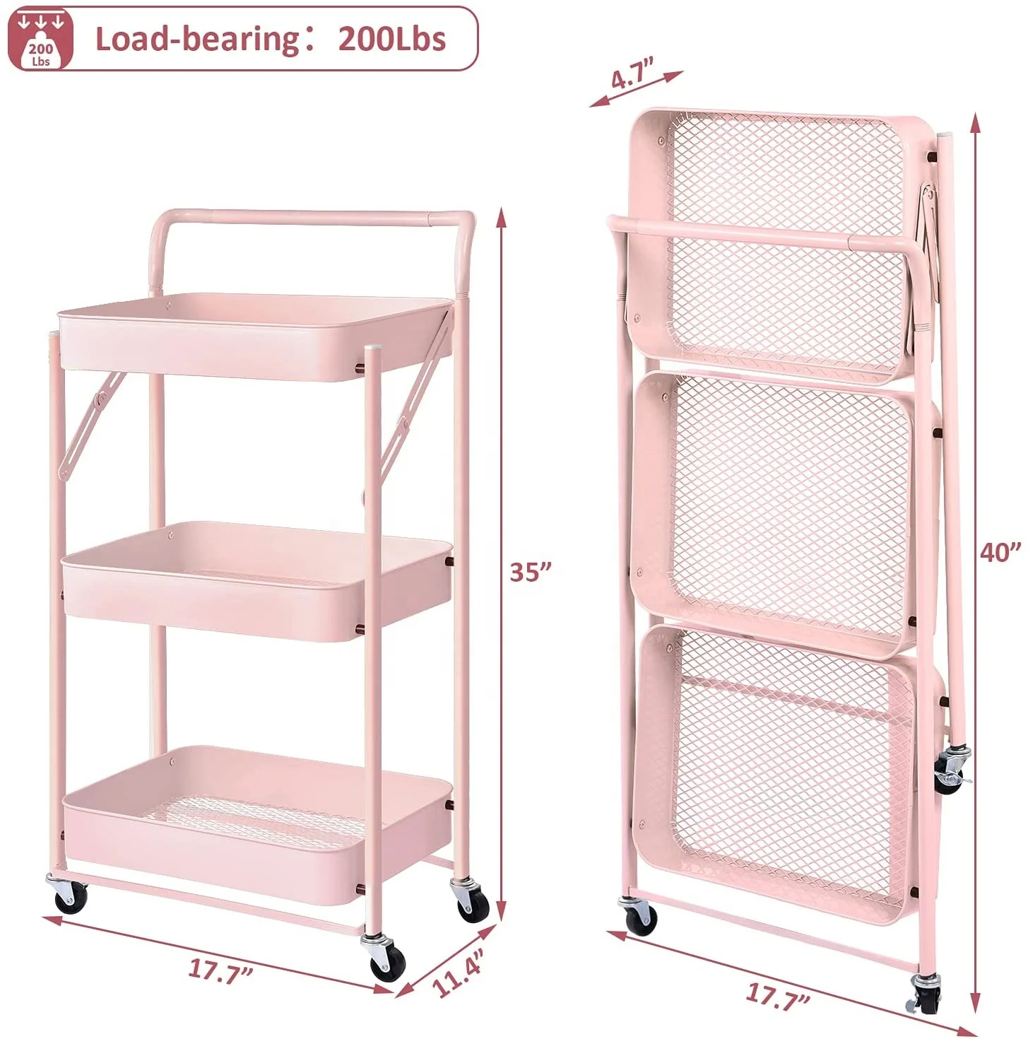 Folding trolley cart 3 tiers rolling storage cart for kitchen