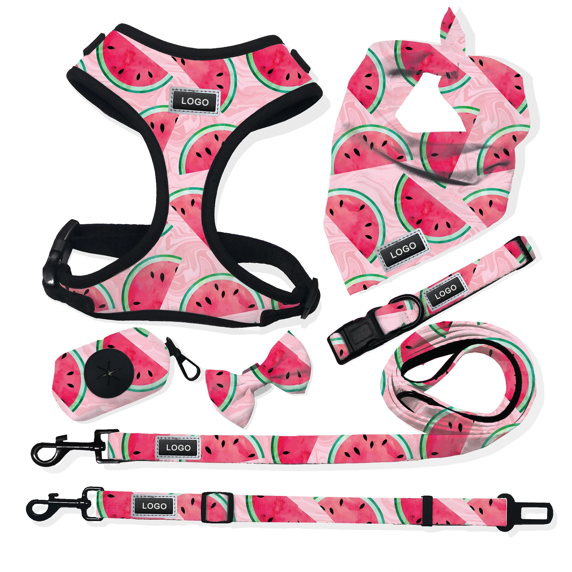 Custom Printed Neoprene Fabric on the front with Breathable Mesh Cotton Dog Collar Dog Harness Dog Leash Collar